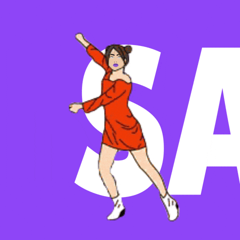 Девушка танцует в красном платье на фоне надписи Saturday